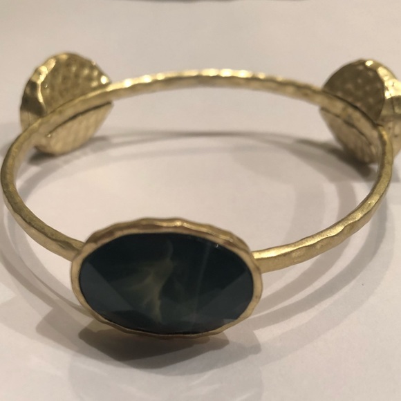Gold Hammered Bangle Bracelet with Blue Stones - Picture 2 of 7
